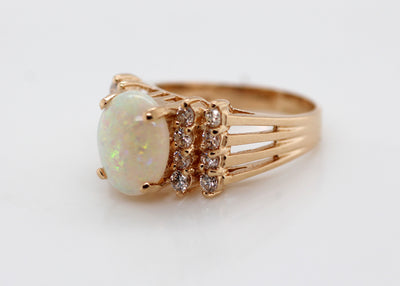 ESTATE 14KY 2.15 CT OPAL AND DIAMOND RING .60 CTTW IJ-SI2