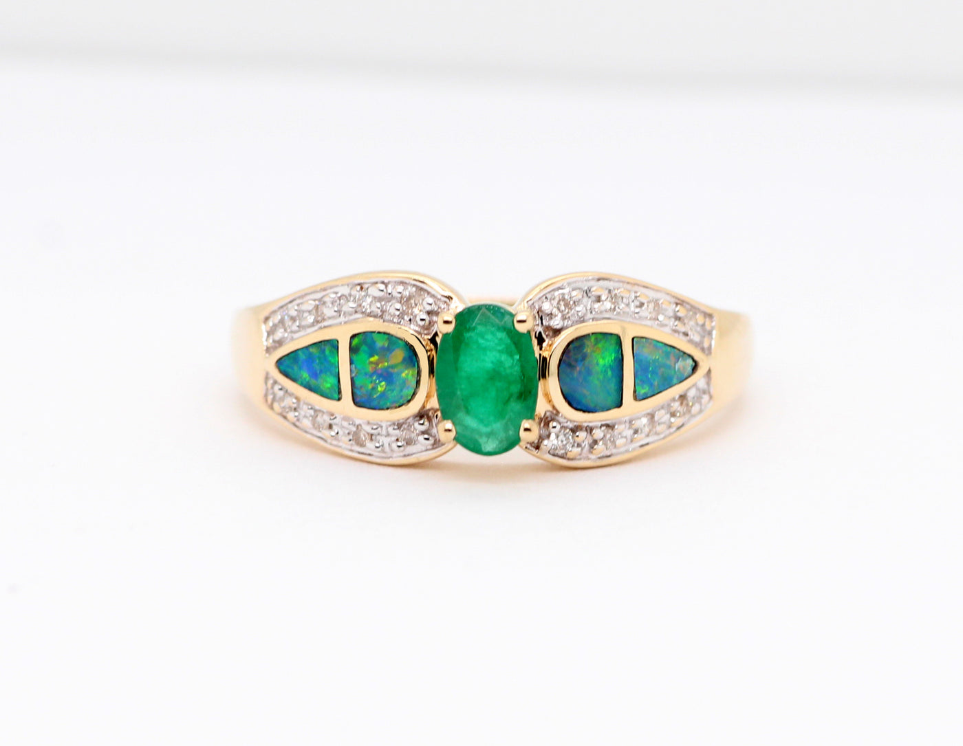 ESTATE 14KY OPAL AND DIAMOND RING, .12 CTTW I-I1
