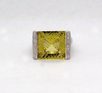 Estate 14KW 6.85 Ct Greenish Yellow Citrine and .06 Cttw Diamond Ring