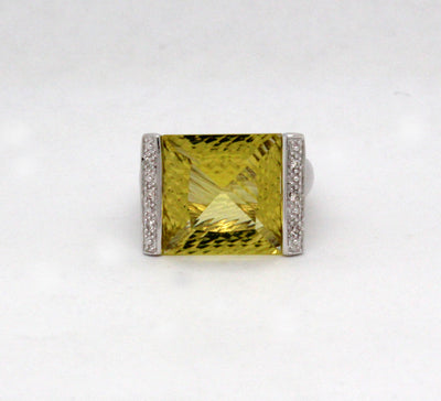 Estate 14KW 6.85 Ct Greenish Yellow Citrine and .06 Cttw Diamond Ring