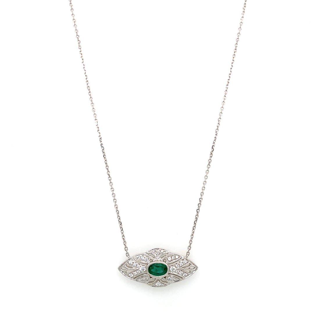 18KW .48 Ct Emerald and .20 Cttw Diamond Necklace