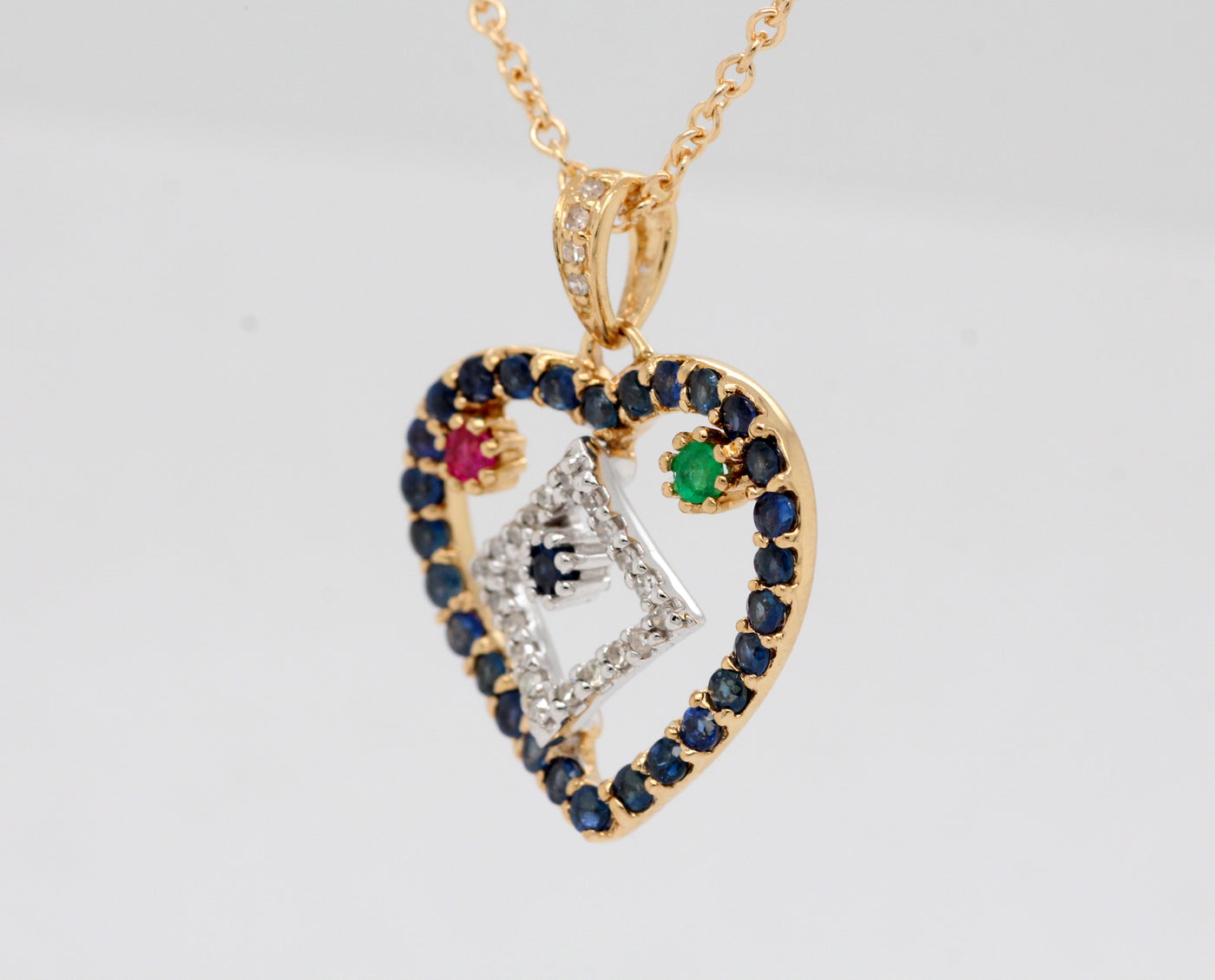 Estate 14KY Sapphire, Ruby, Emerald, And Diamond Heart Pendant