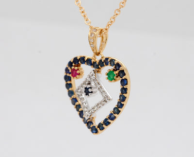 Estate 14KY Sapphire, Ruby, Emerald, And Diamond Heart Pendant