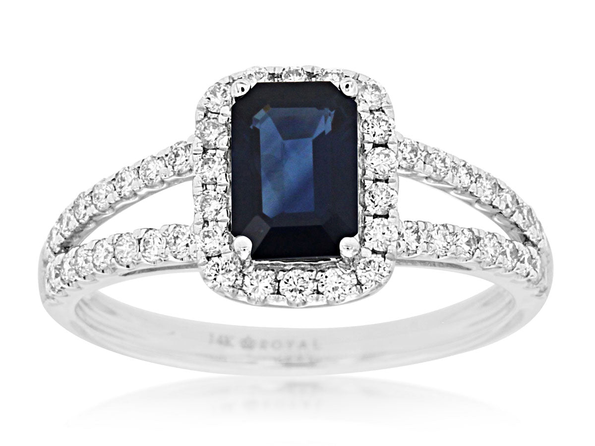 14KW 1.05 Ct Sapphire and .45 Cttw Diamond Halo Ring