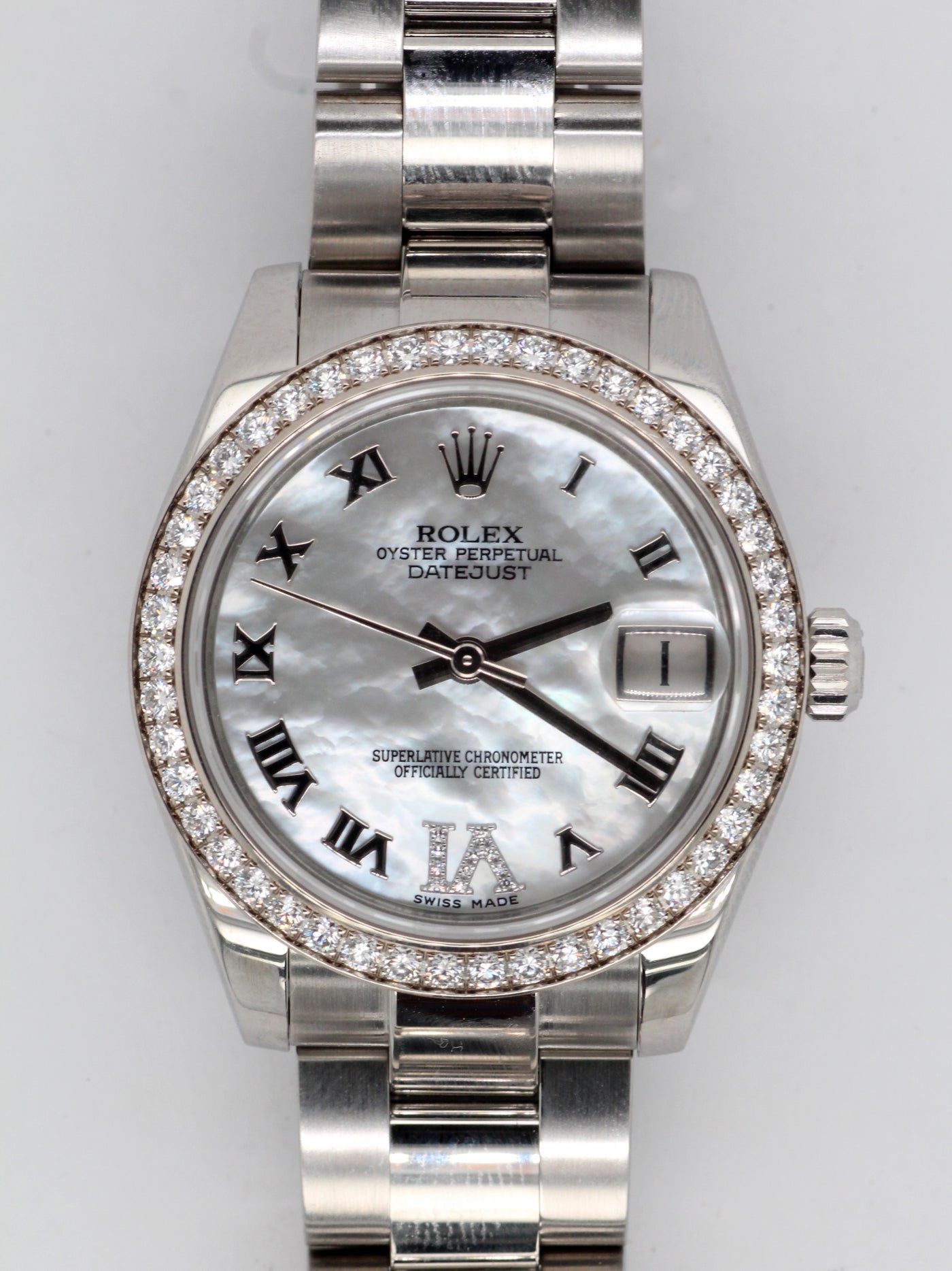 Lds Stainless Rolex Oysterperpetual DateJust White MOP Roman Number Di