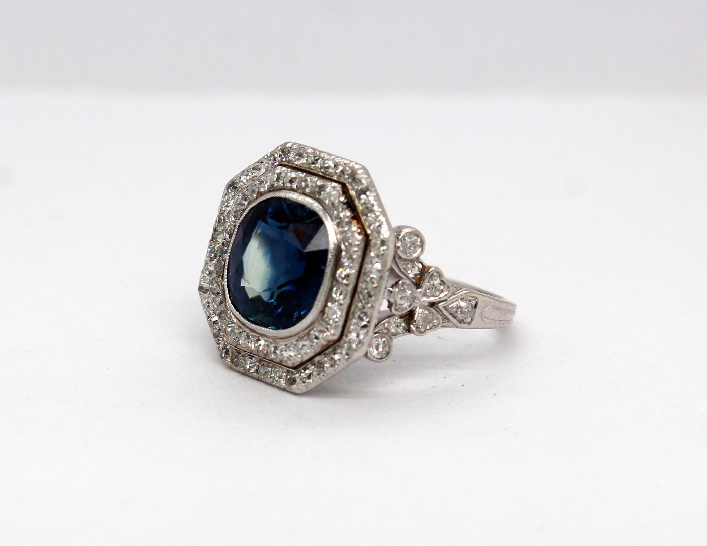 Estate Platinum 3.25 Ct Blue Sapphire and .50 Cttw Diamond Ring