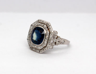 Estate Platinum 3.25 Ct Blue Sapphire and .50 Cttw Diamond Ring