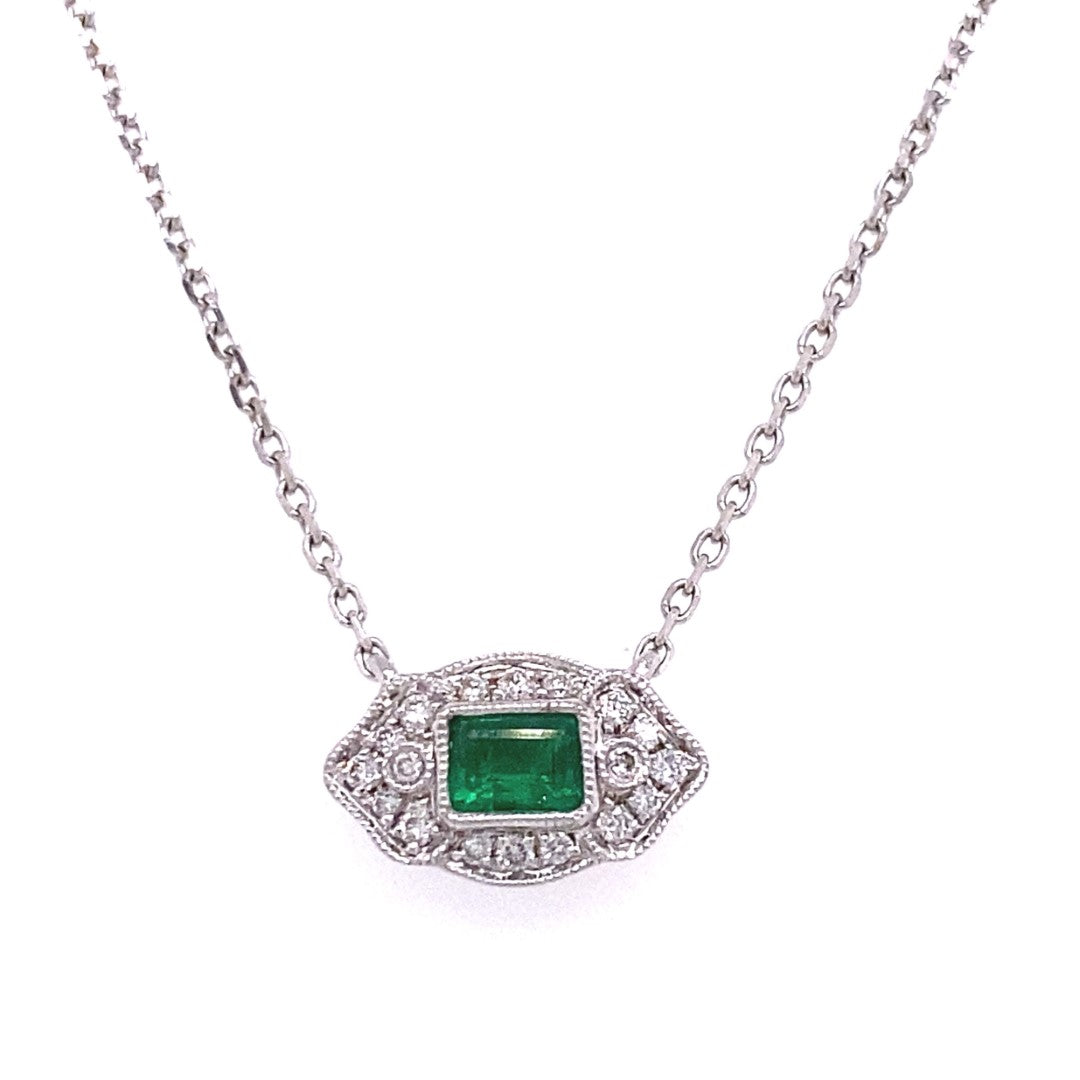 18KW .18 Ct Emerald and Diamond Necklace, .08 Cttw image