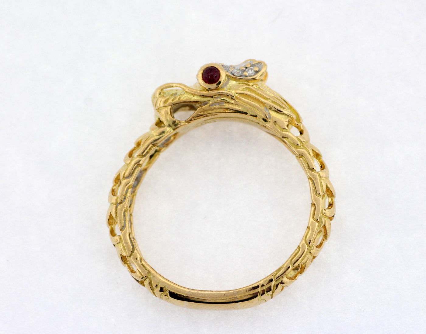 ESTATE 18KY CABOCHON RUBY AND DIAMOND DRAGON RING .09 CTTW