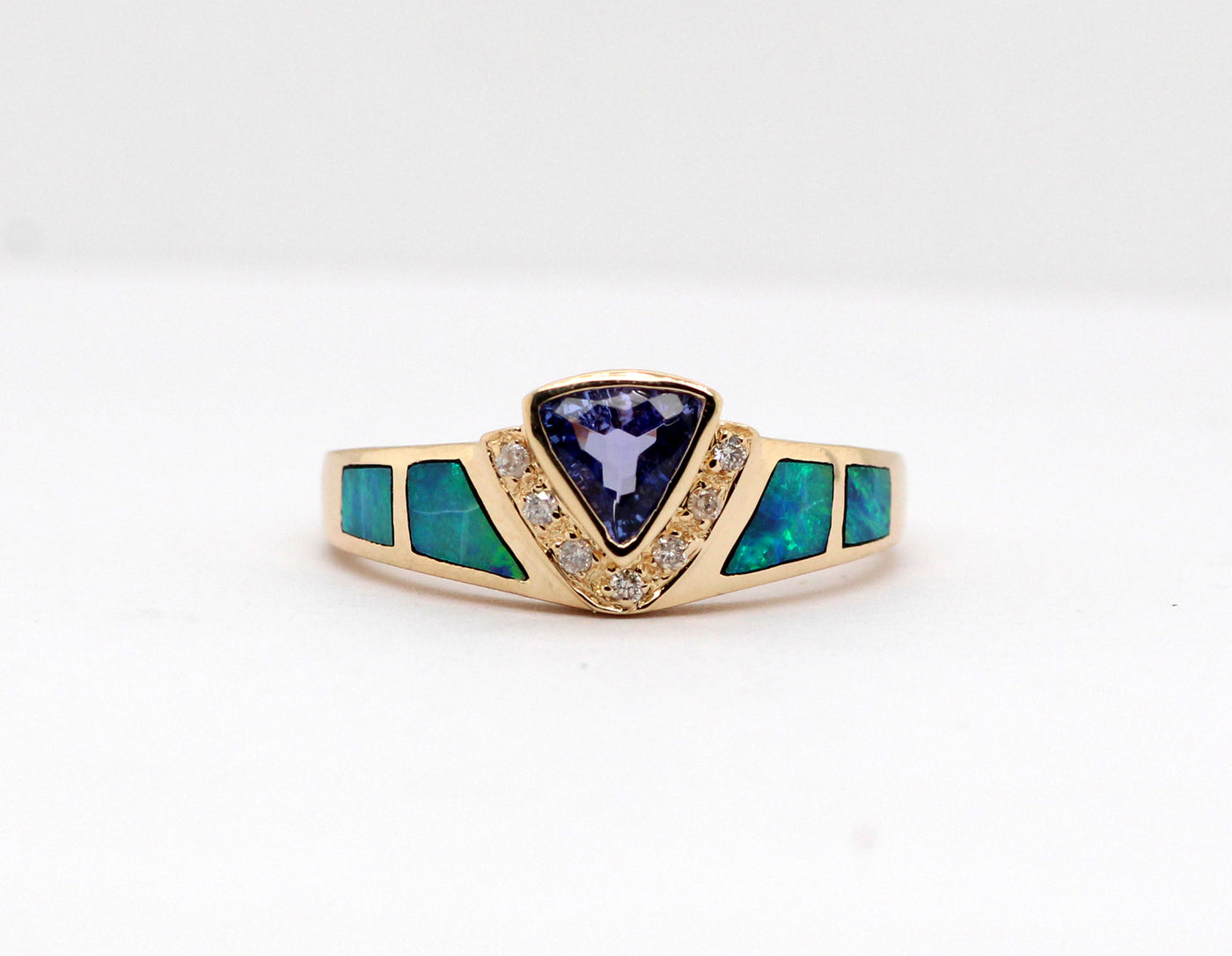 ESTATE 14KY .40 CT TANZANITE, OPAL, AND DIAMOND RING, .07 CTTW H-SI2