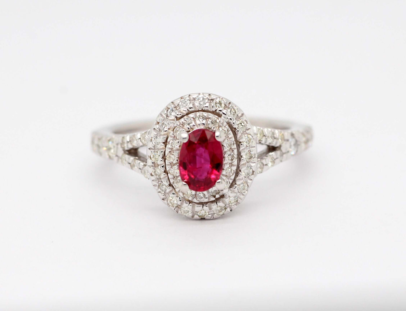 14KW .53 CT RUBY AND DIAMOND DOUBLE HALO RING, .39 CTTW