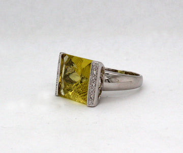 Estate 14KW 6.85 Ct Greenish Yellow Citrine and .06 Cttw Diamond Ring