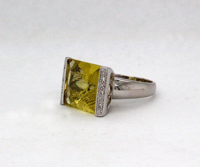 Estate 14KW 6.85 Ct Greenish Yellow Citrine and .06 Cttw Diamond Ring