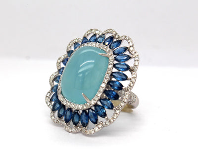 Estate 18KW Cabachon Chalsedony, 3.50 Cttw Sapphire and 1.20 Cttw Diam