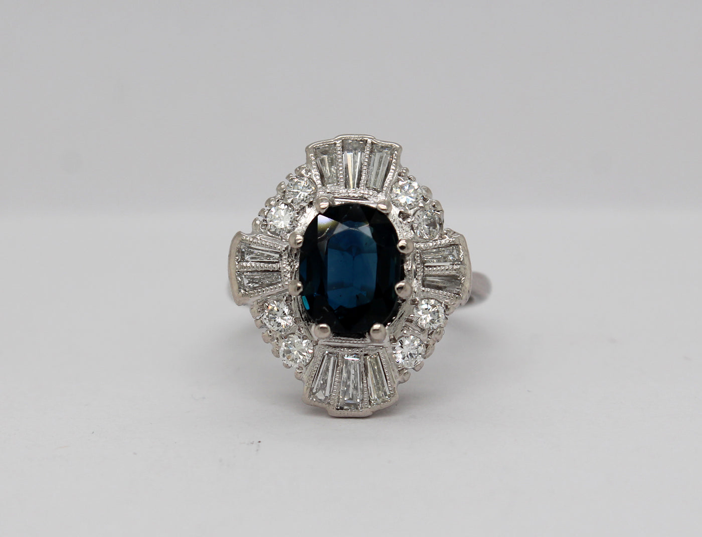 18KW 1.75 Ct Blue Sapphire and 1.25 Cttw Diamond Ring F to G in color