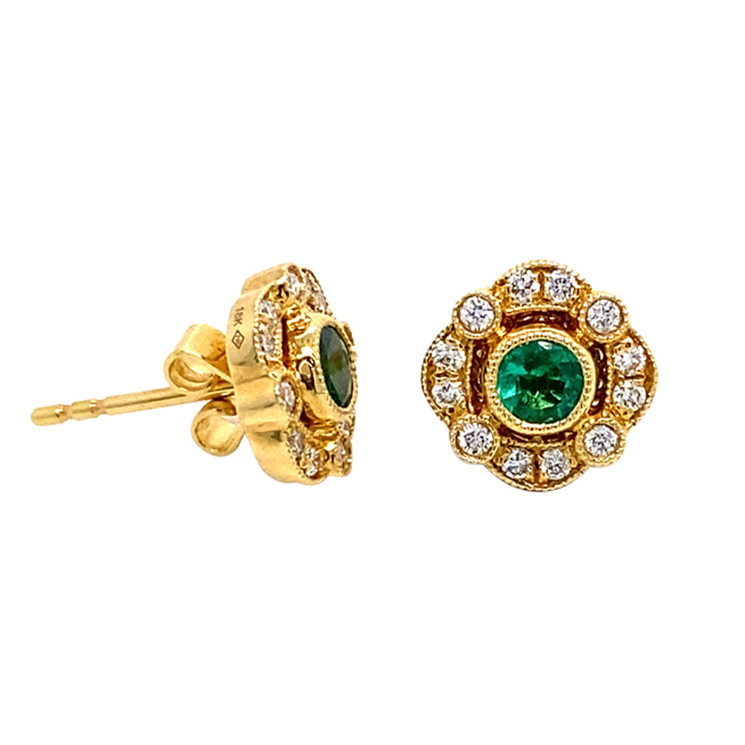 18KY .34 Cttw Emerald and .22 Cttw Diamond Earrings