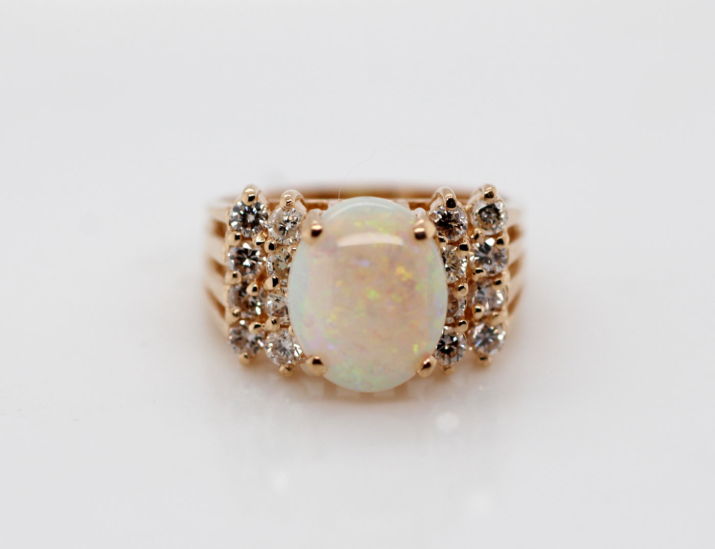 ESTATE 14KY 2.15 CT OPAL AND DIAMOND RING .60 CTTW IJ-SI2