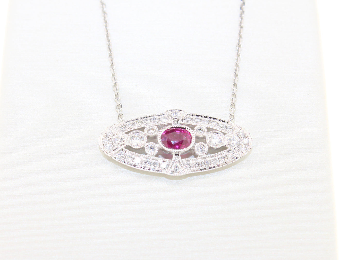 18KW .39 Ct Ruby and Diamond Necklace, .35 Cttw