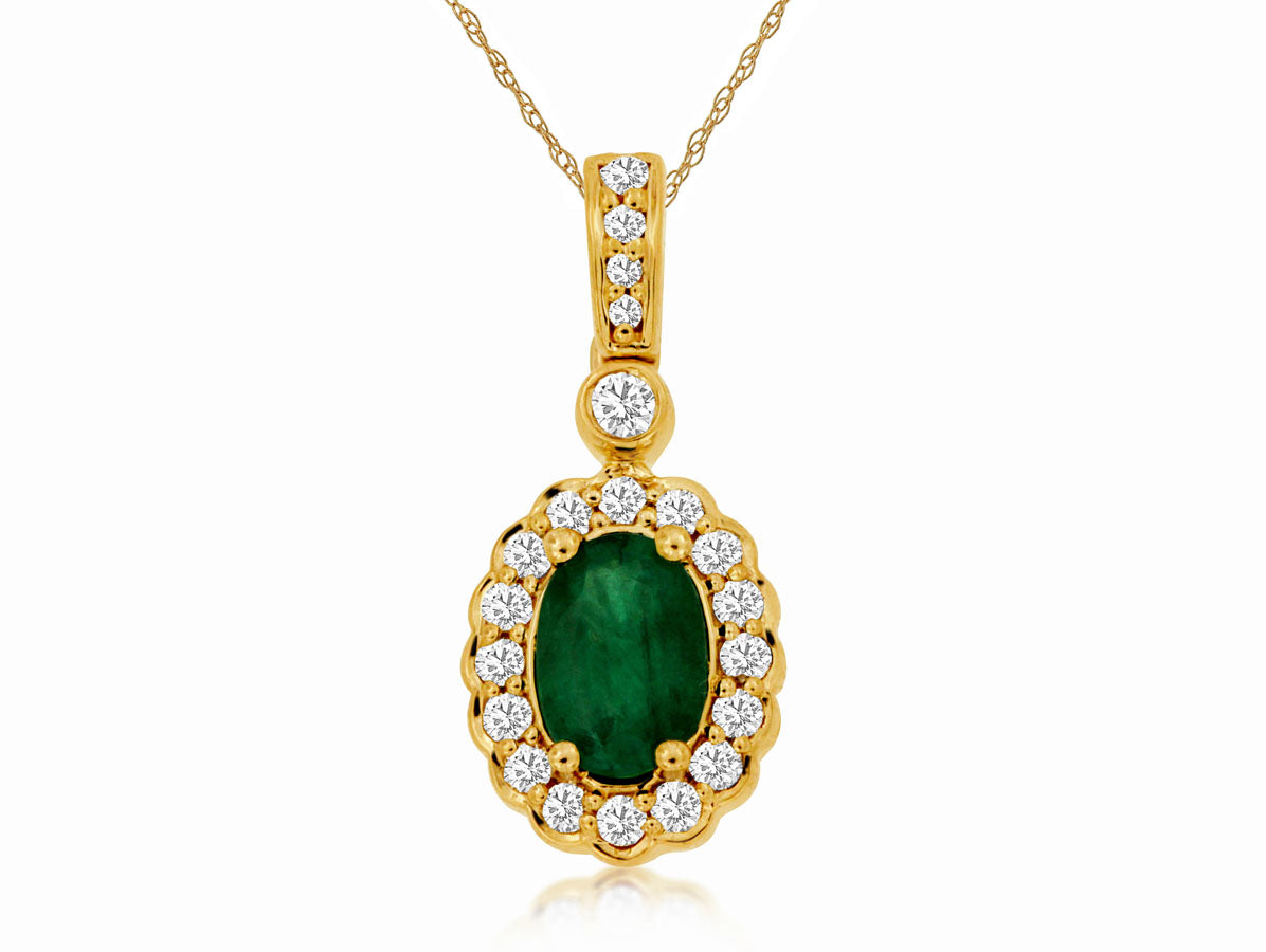14KY .70 CT EMERALD AND DIAMOND PENDANT, .25 CTTW