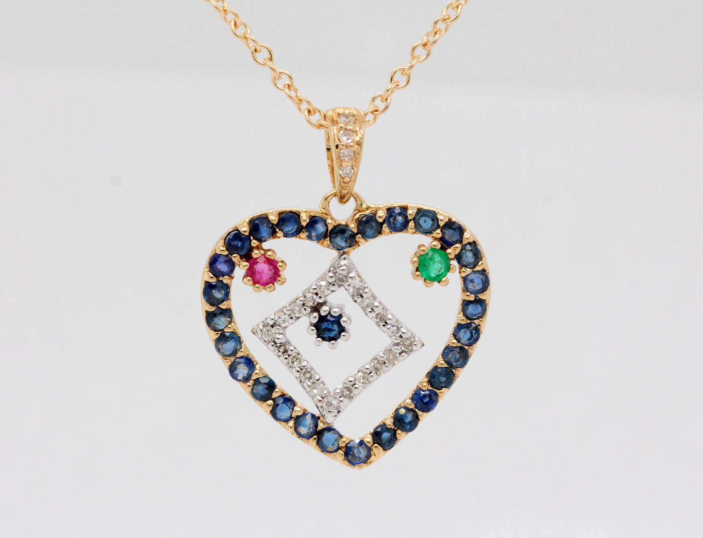 Estate 14KY Sapphire, Ruby, Emerald, And Diamond Heart Pendant
