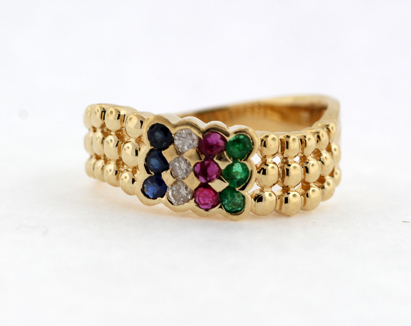 ESTATE 14KY SAPPHIRE, RUBY, EMERALD AND DIAMOND RING
