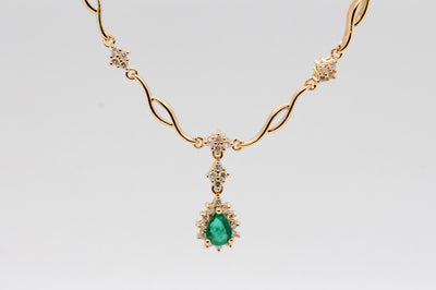 14KY .65 Ct Emerald and Diamond Necklace, .75 Cttw