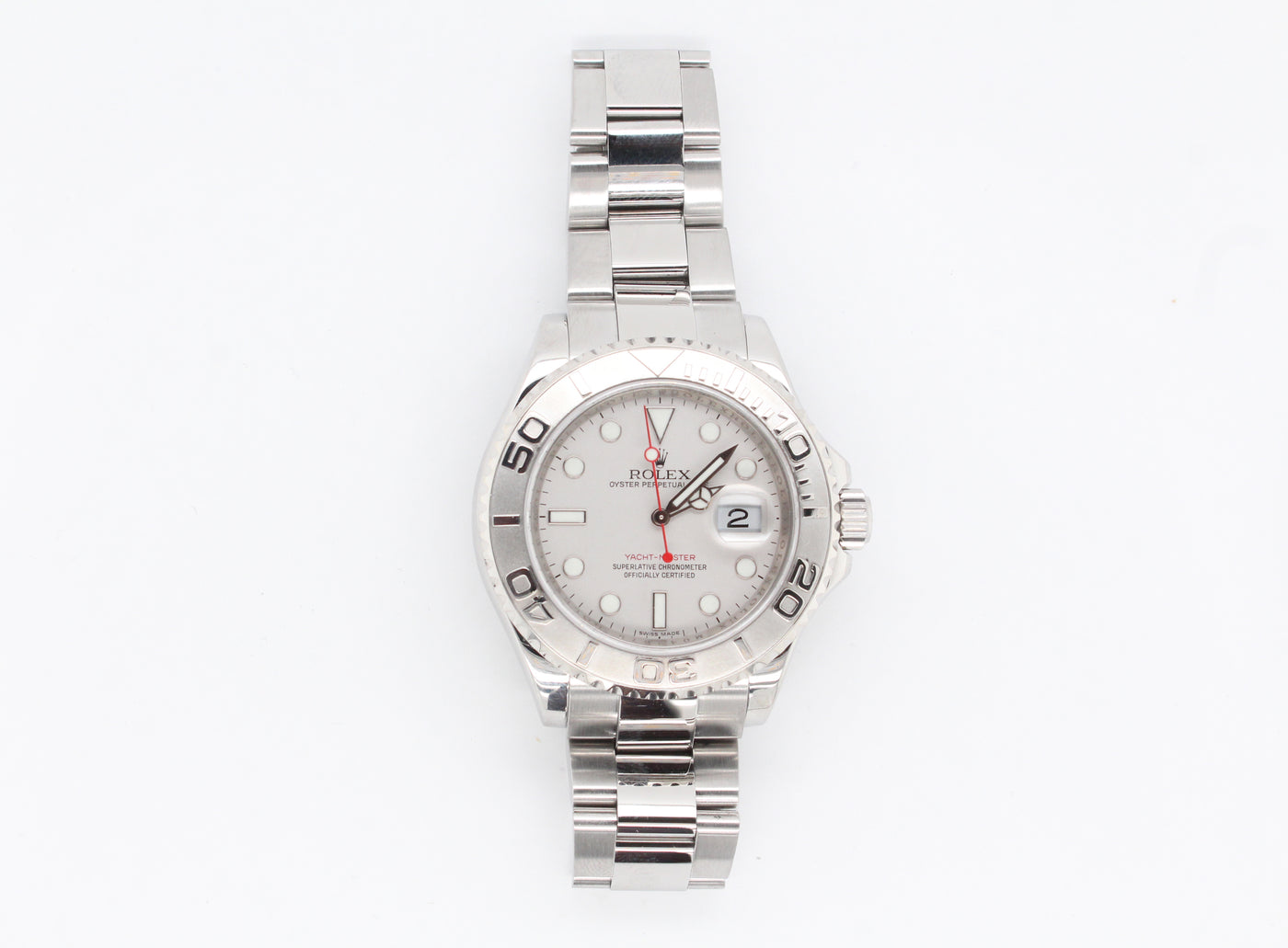 Stainless Gents Rolex OysterPerpetual Yacht Master with Silver Dial and Platinum Bezel