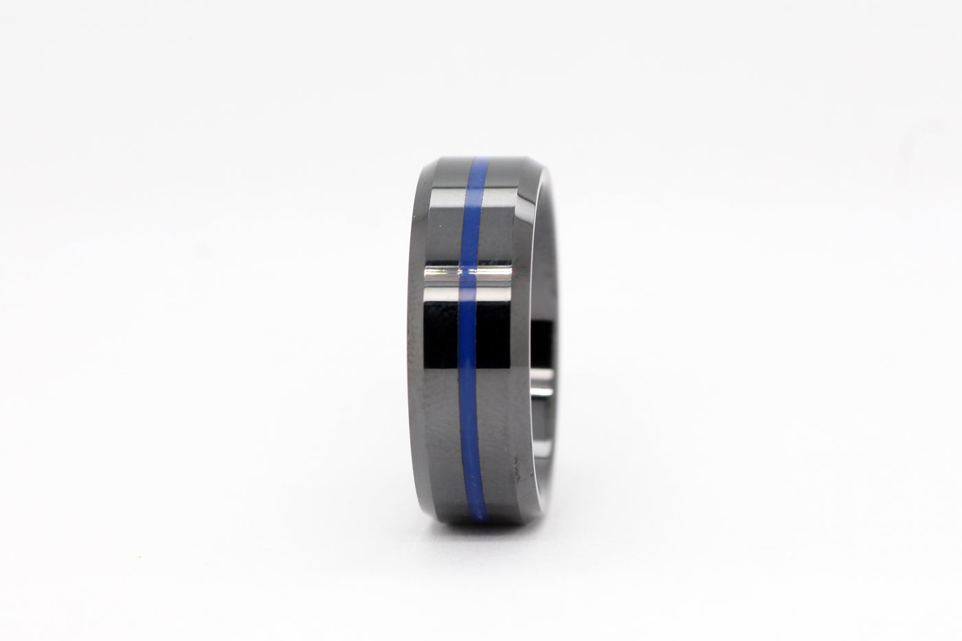 8mm Black Ceramic bevel edge thin blue inlay ring