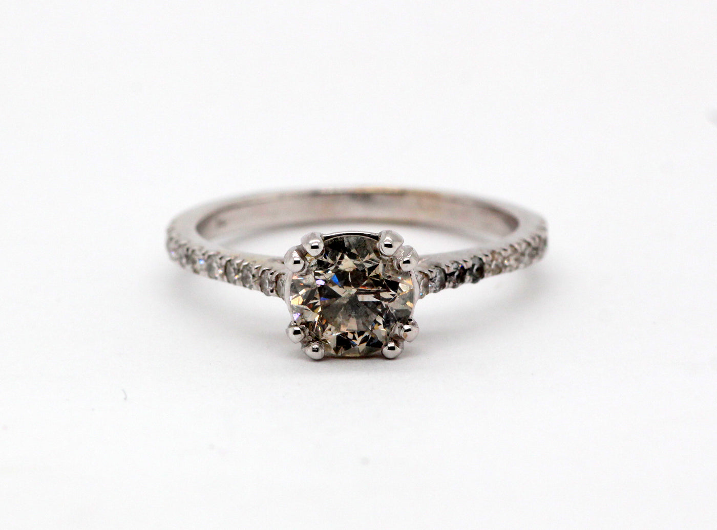 Estate 14kw 1.17 cttw diamond engagement ring, 1.02 ct brown round diamond center, i1