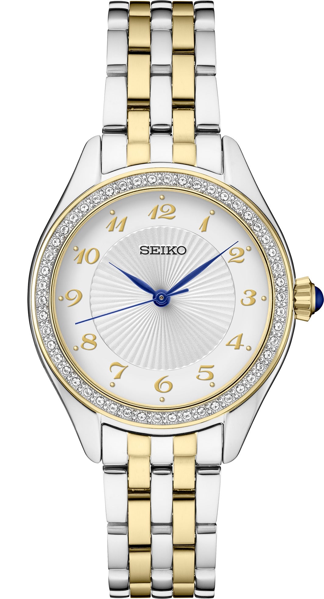 LDS SEIKO SUR392 TWO TONE WHITE DIAL, CRYSTAL BEZEL,  BLUE ACCENTS WAT