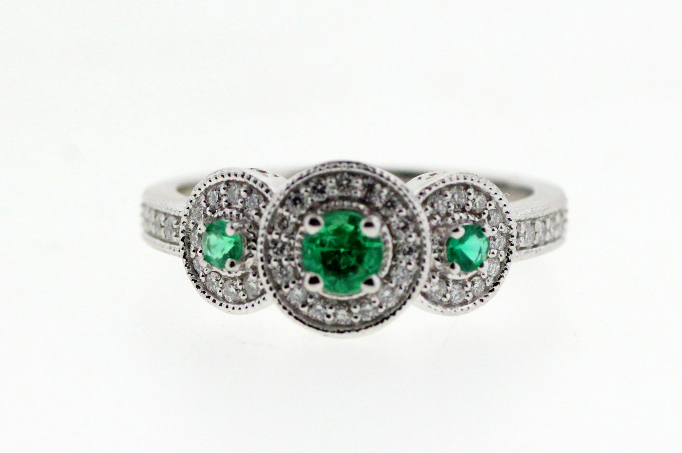 14KW 3 Stone Emerald And Diamond Accents Ring