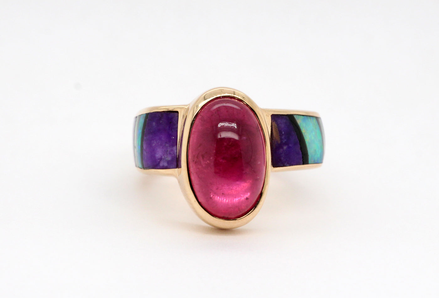 Estate 14KY Pink Tourmaline with Opal and Onyx Inlay Ring
