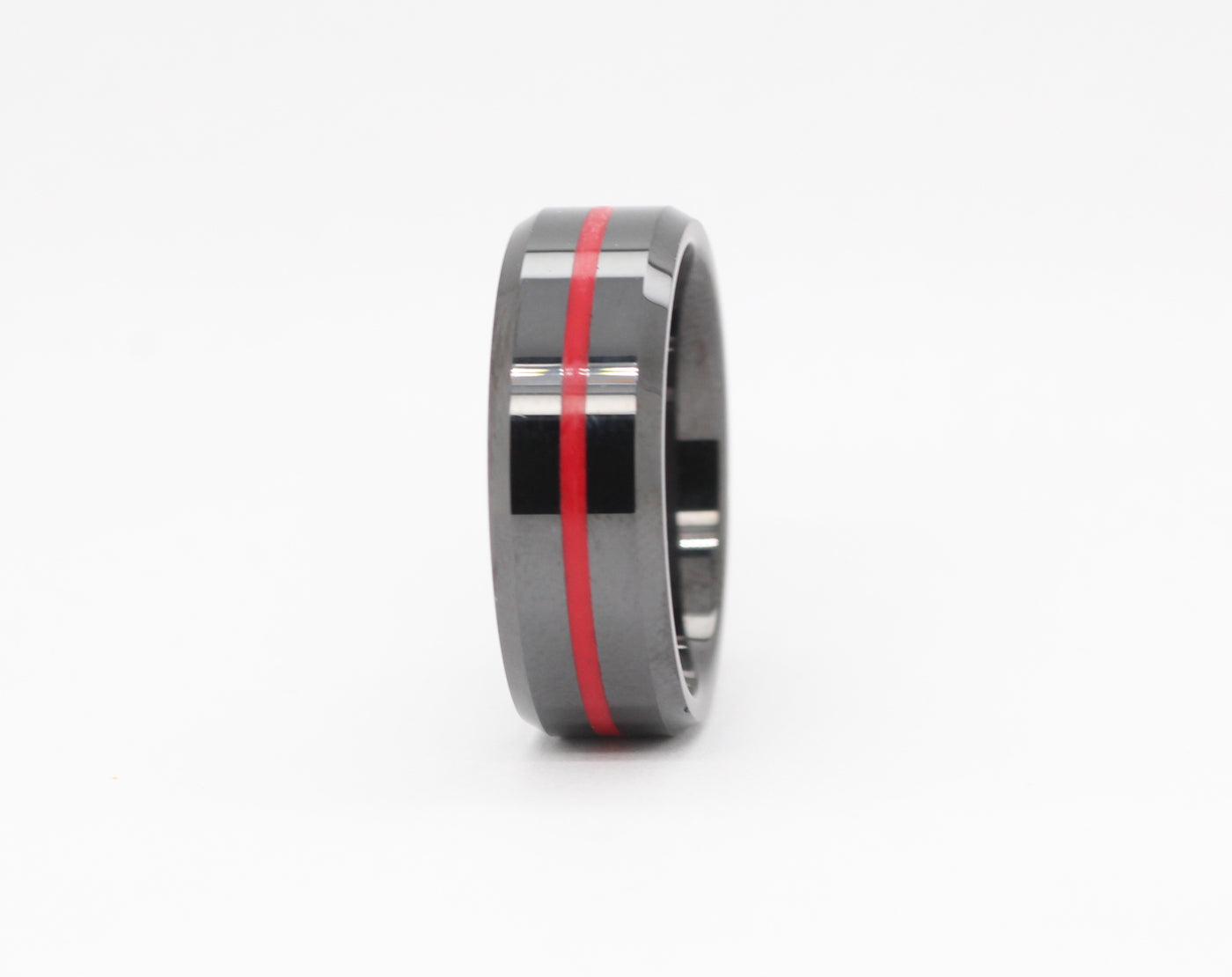 8mm Black Ceramic bevel edge thin red inlay ring
