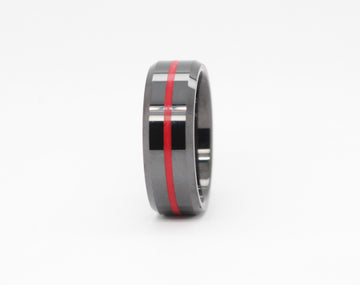 8mm Black Ceramic bevel edge thin red inlay ring