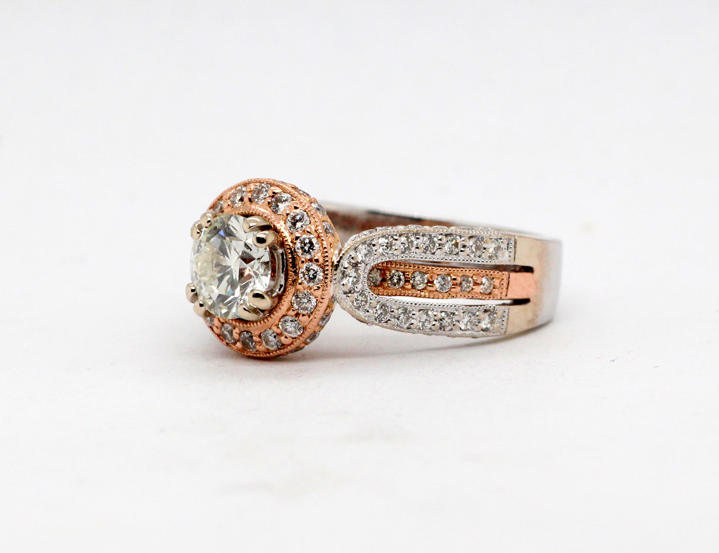14K Two Tone 1.76 Cttw Diamond Halo Engagement Ring