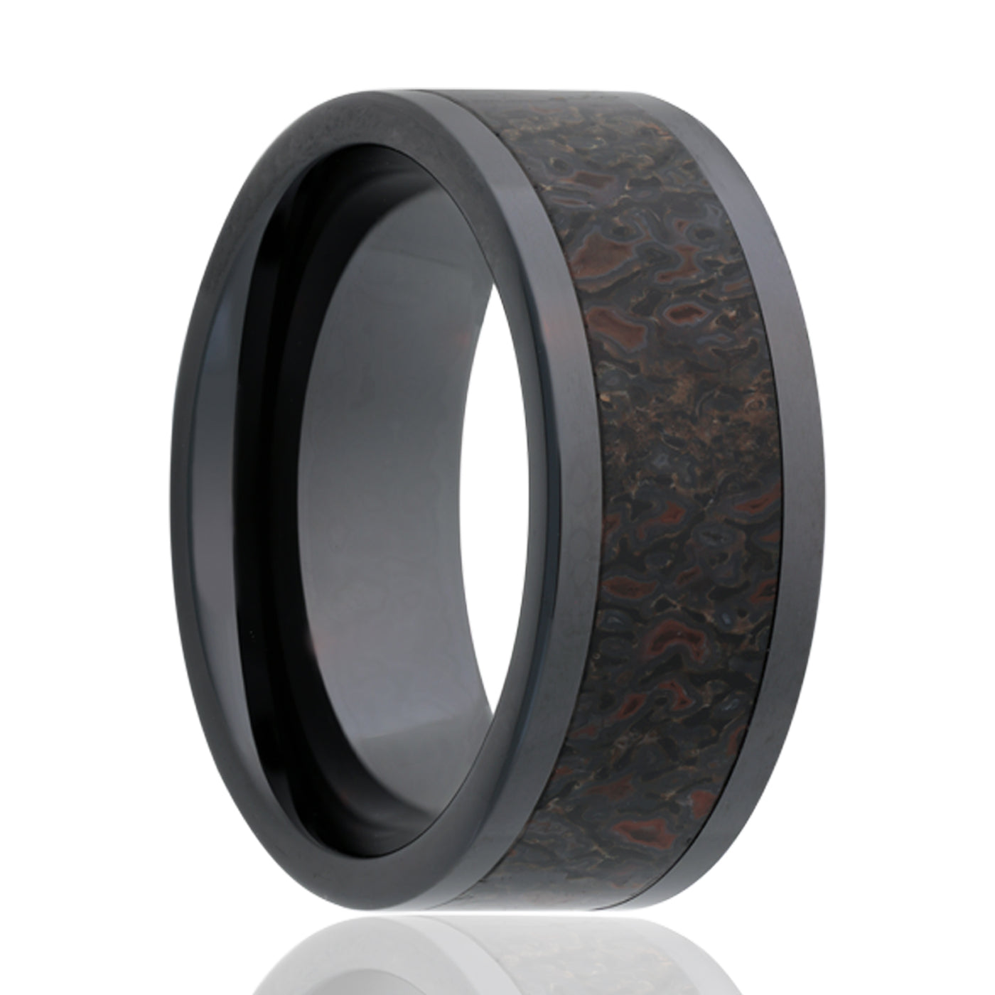 8mm Black Ceramic pipe cut grey dino bone inlay ring