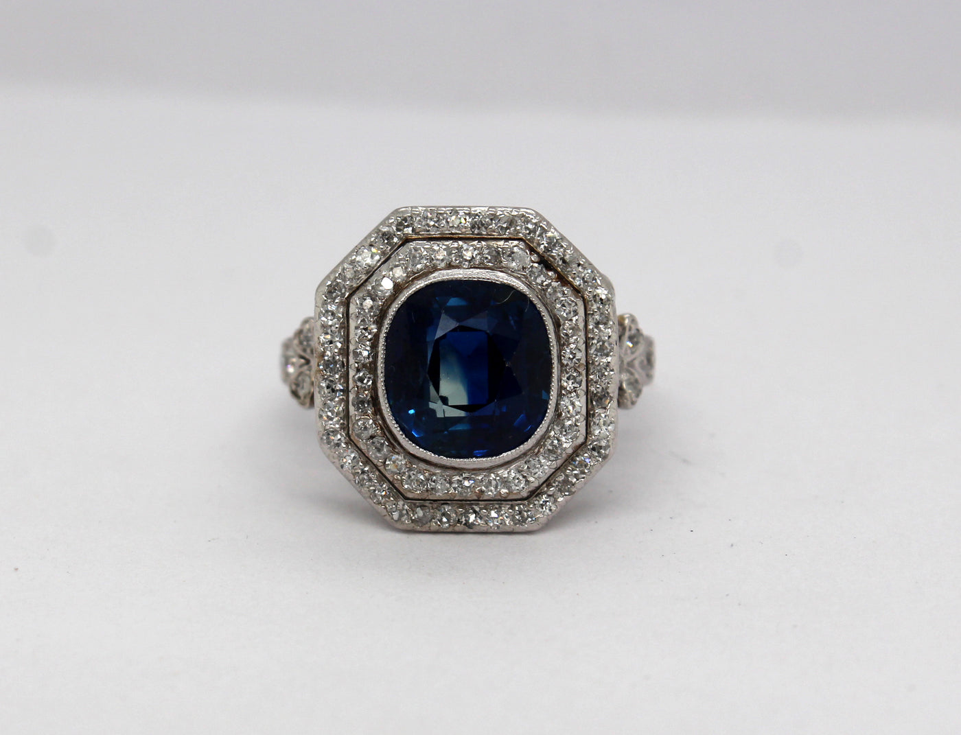 Estate Platinum 3.25 Ct Blue Sapphire and .50 Cttw Diamond Ring