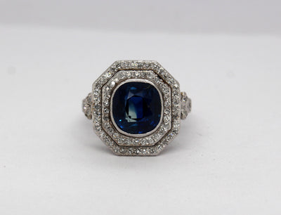 Estate Platinum 3.25 Ct Blue Sapphire and .50 Cttw Diamond Ring