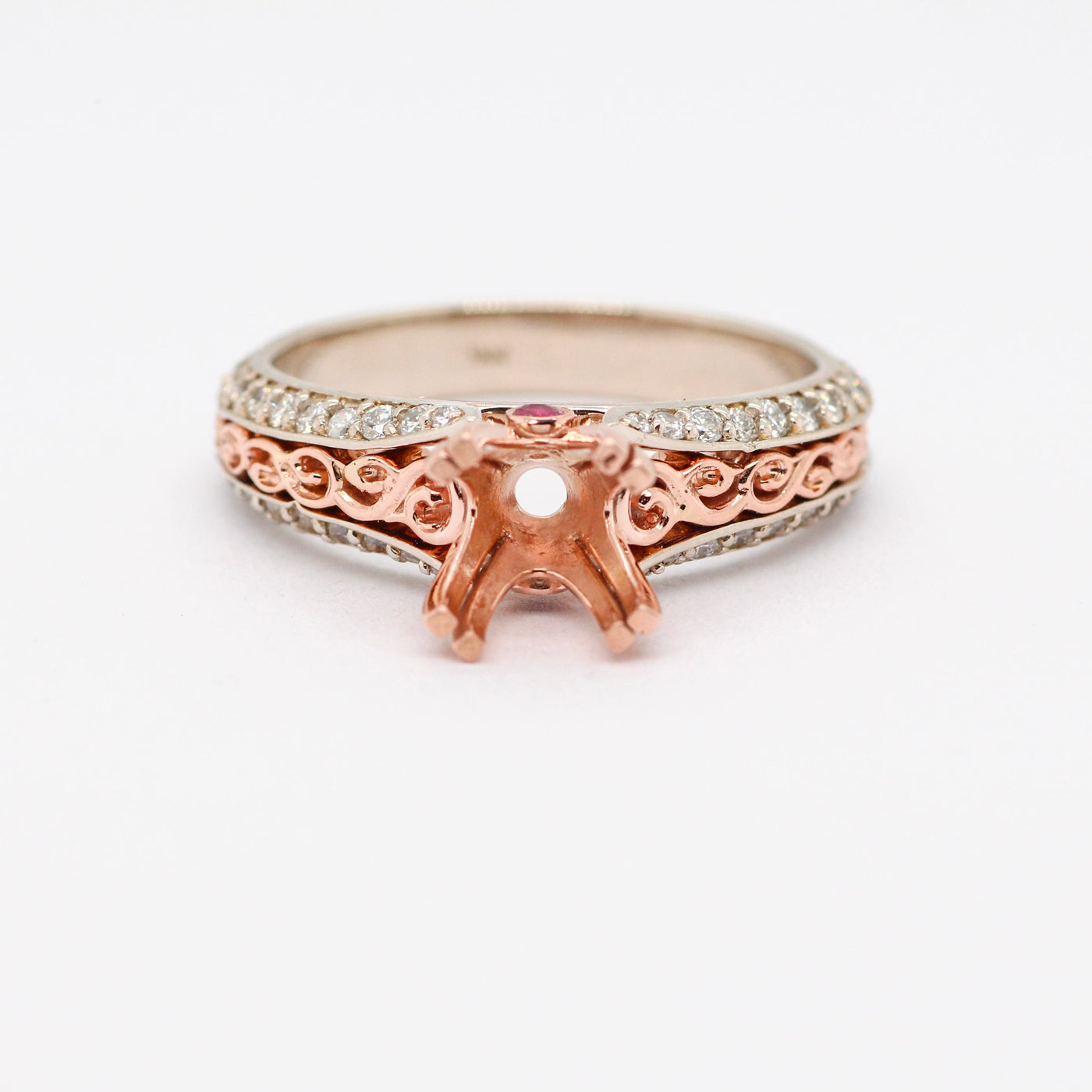 14KTT .47 CTTW DIAMOND SEMI MOUNT SCROL RING WITH ACCENT RUBYS, .04 CT