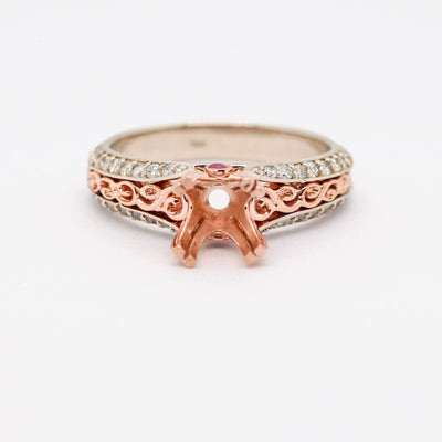 14KTT .47 CTTW DIAMOND SEMI MOUNT SCROL RING WITH ACCENT RUBYS, .04 CT