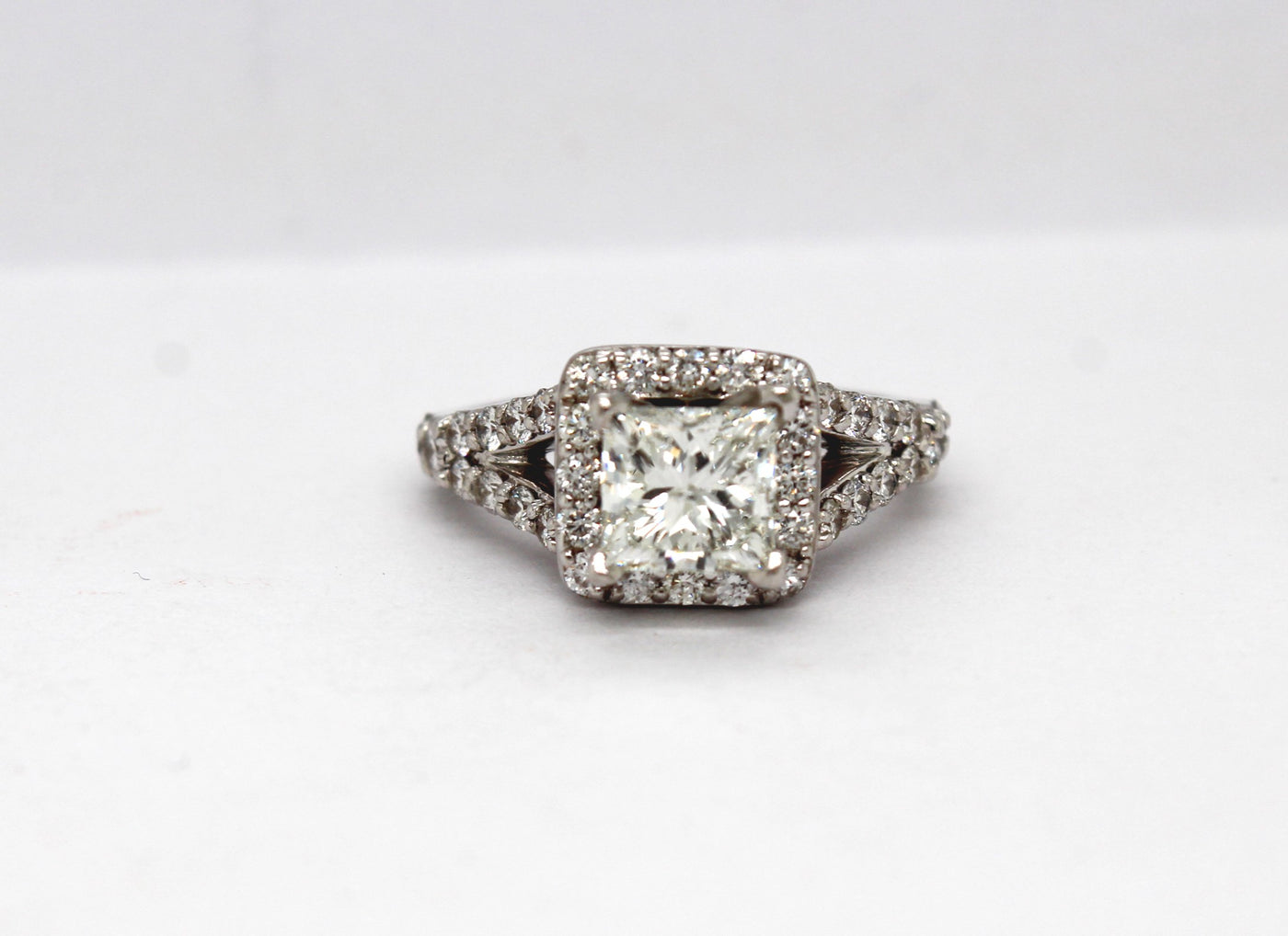 Estate 18KW Diamond Engagement Ring with 1.52 Ct Princess Cut Center H