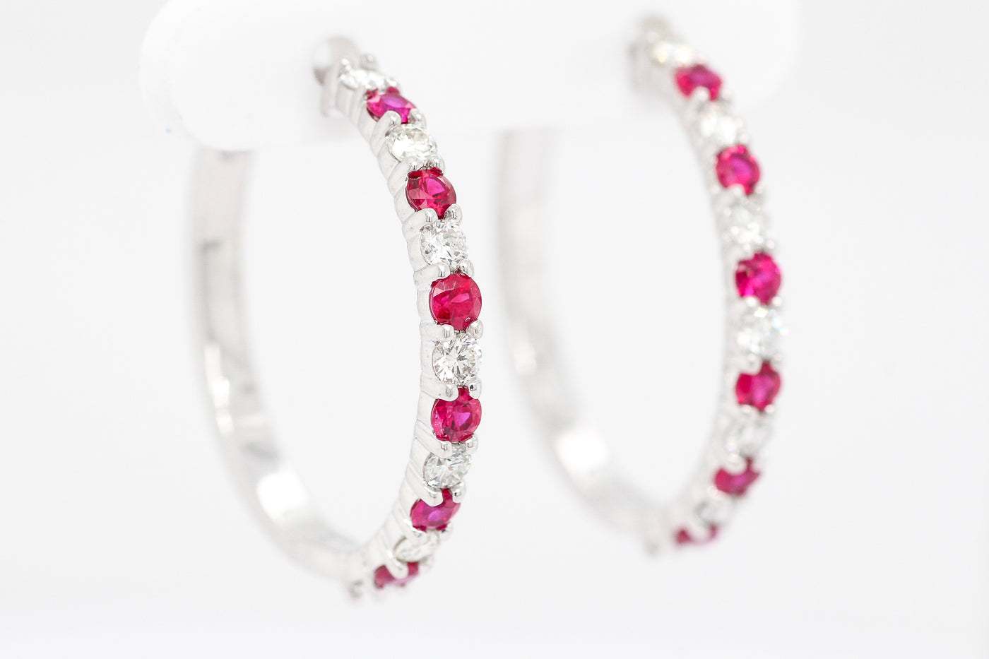 14KW 1.03 CTTW RUBY AND DIAMOND HOOP EARRINGS, .72 CTTW H-SI1