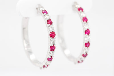 14KW 1.03 CTTW RUBY AND DIAMOND HOOP EARRINGS, .72 CTTW H-SI1
