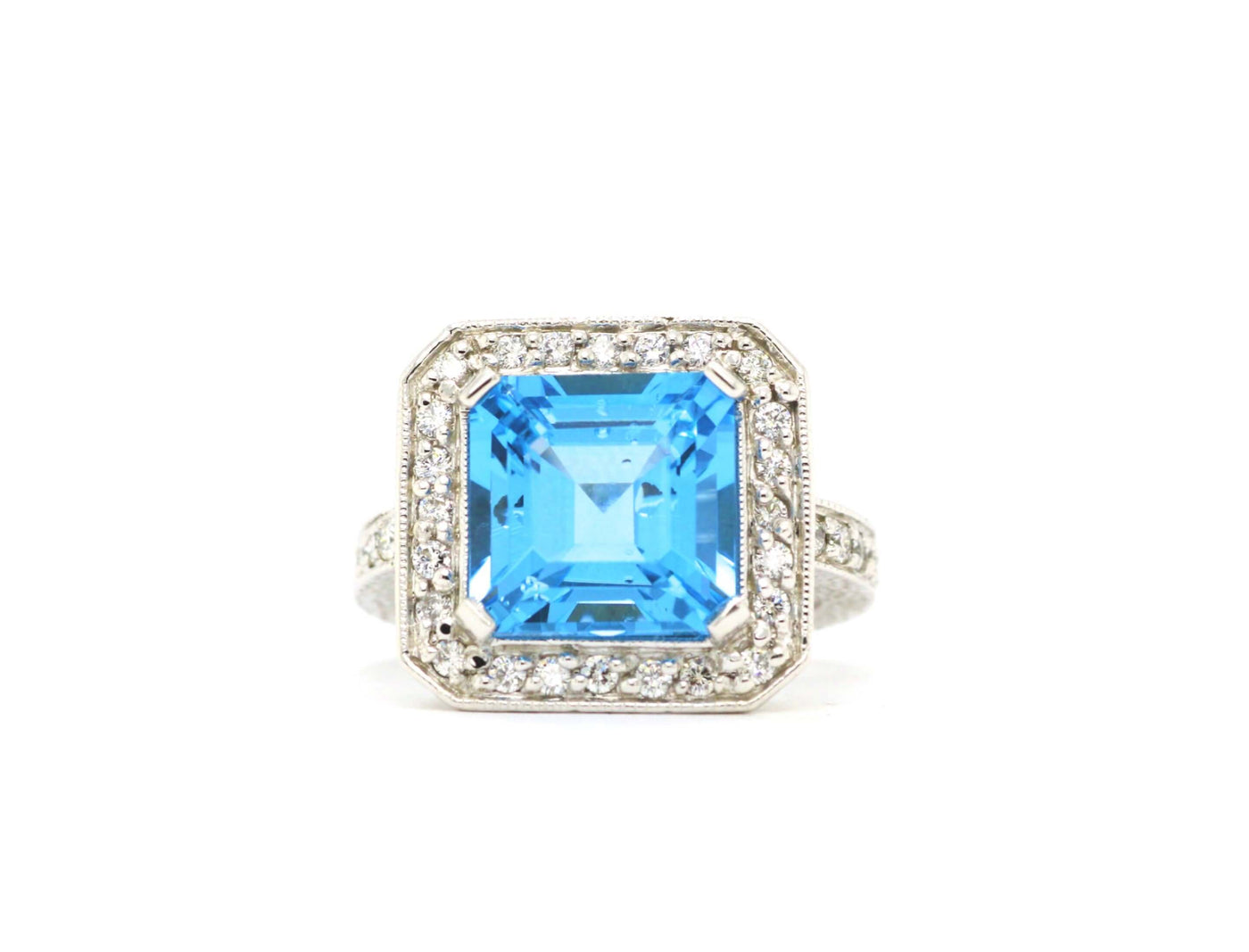 14K Emerald Cut Blue Topaz & Diamond Ring