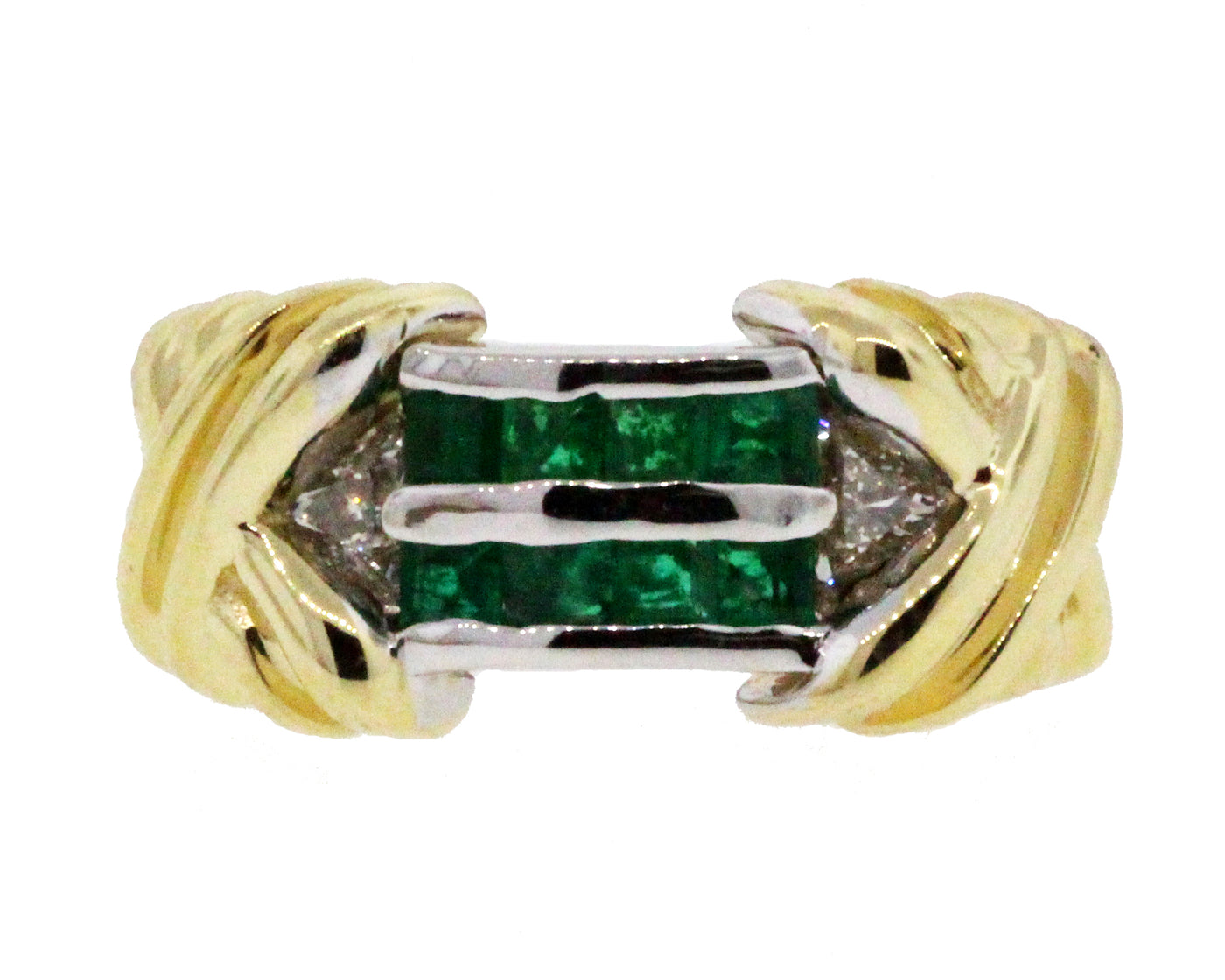 ESTATE 14TT EMERALD AND DIAMOND FASHION RING