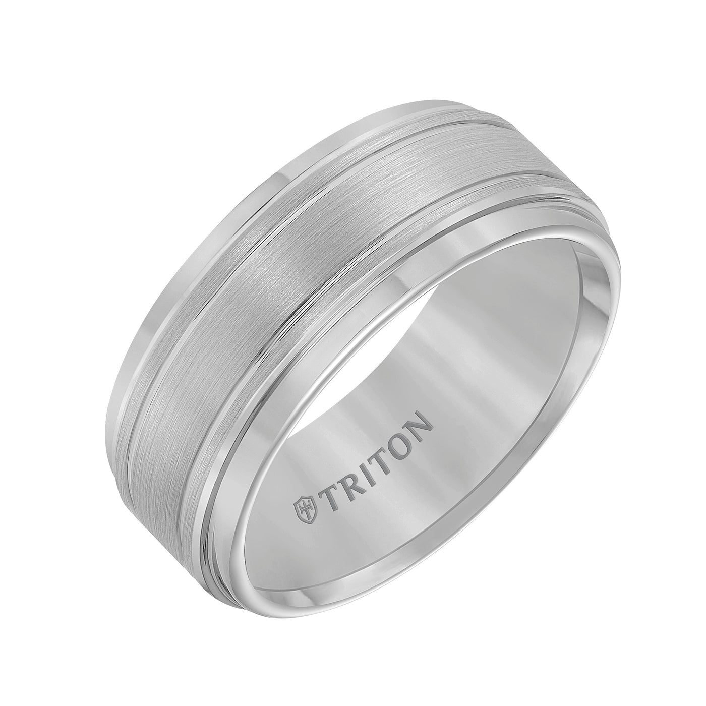 9mm White Tungsten Carbide Bright Polished Step Edge with Center Satin Finish and bright cut parallel lines Comfort Fit Band