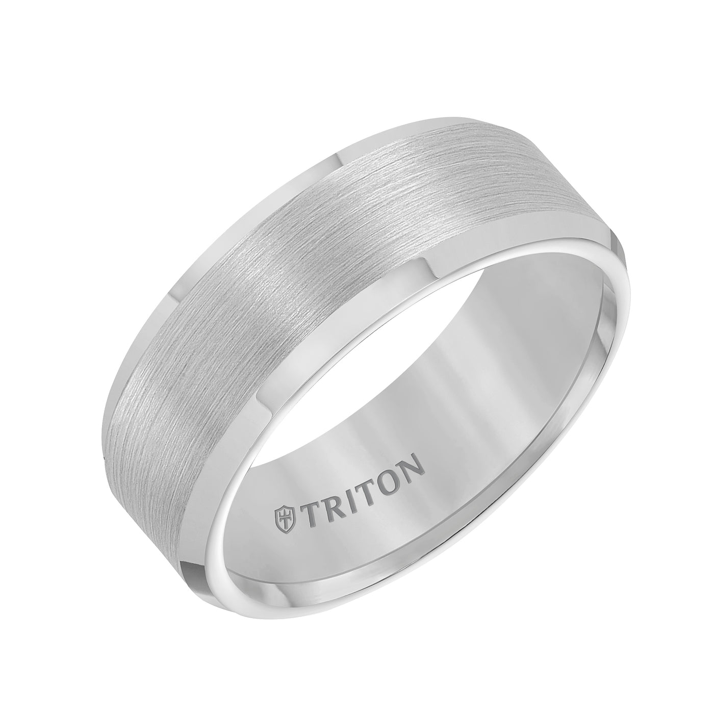 8mm Bevel Edge White Tungsten Carbide Comfort Fit Band with Satin Finish Center and Bright Polished Edge