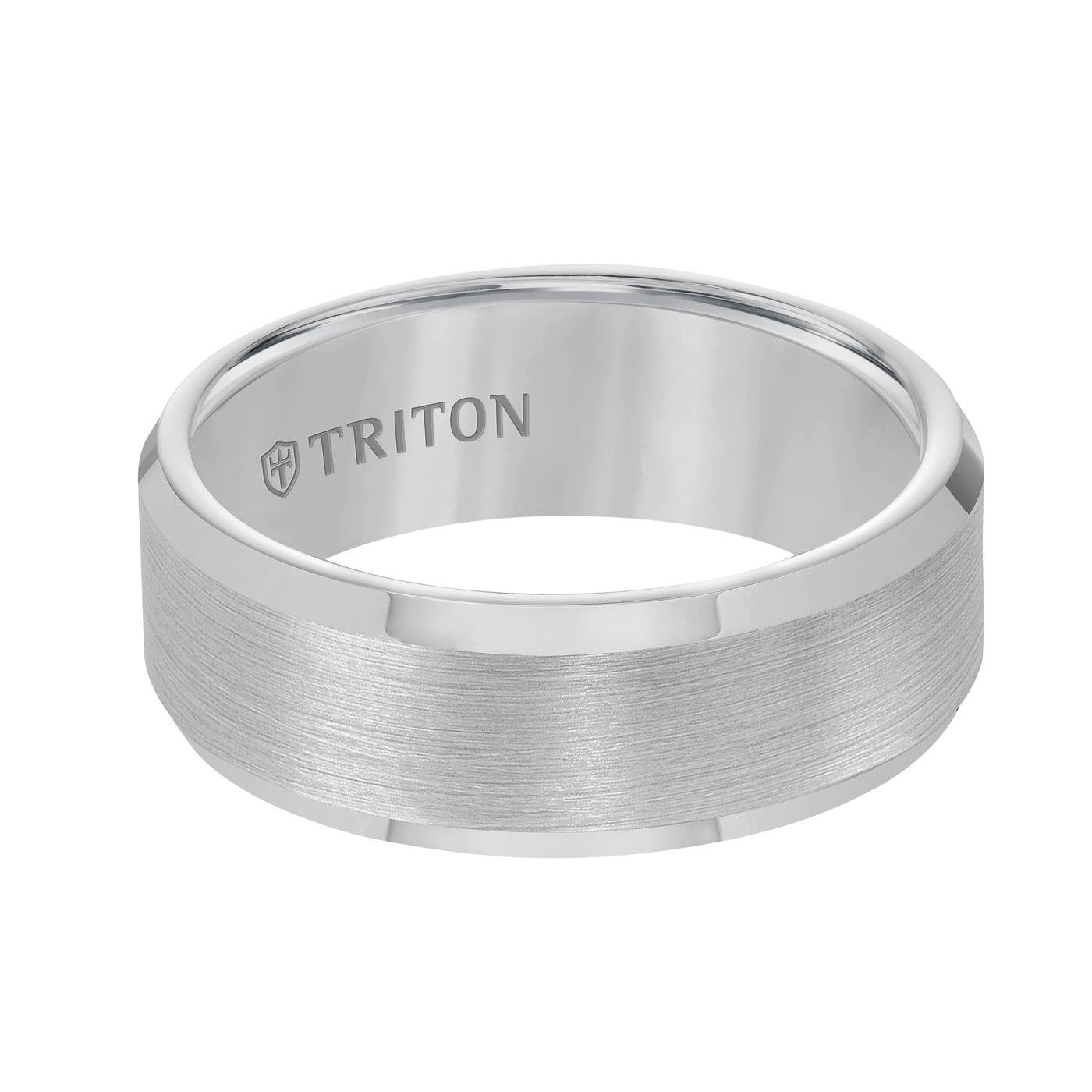 8mm Bevel Edge White Tungsten Carbide Comfort Fit Band with Satin Finish Center and Bright Polished Edge