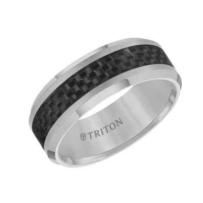 8mm Tungsten Carbide Bevel Edge Comfort Fit Band with Black Carbon Fiber Inlay
