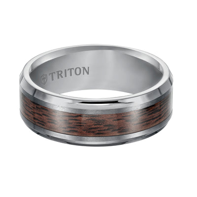 8mm TUngsten Carbide Bevel Edge Comfort Fit Band with wood inlay